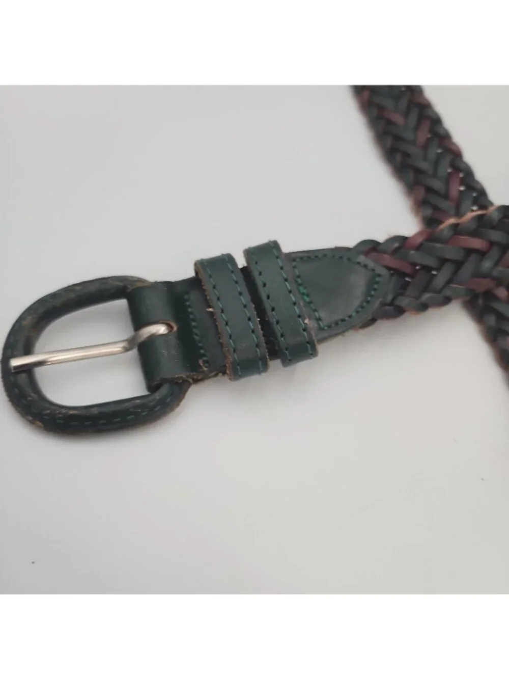 Vintage Men's Leather Braided Belt 38 Green Brown Fits Up To 41
